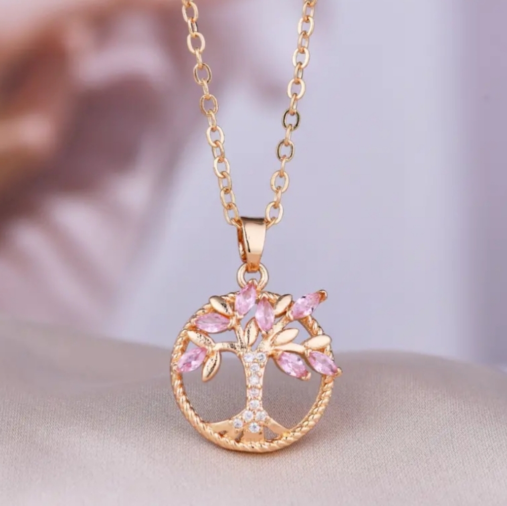 Pink Rhinestone Tree Pendant Necklace - Picture 1 of 3